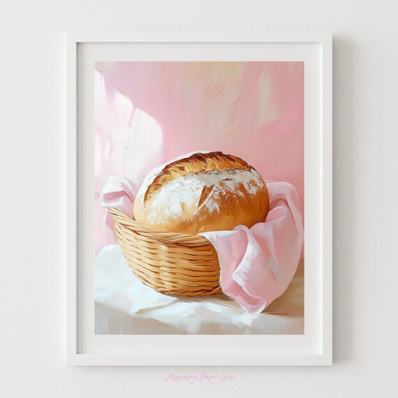 Sourdough Bread Basket Pastel Pink Bakery Painting Kitchen Poster