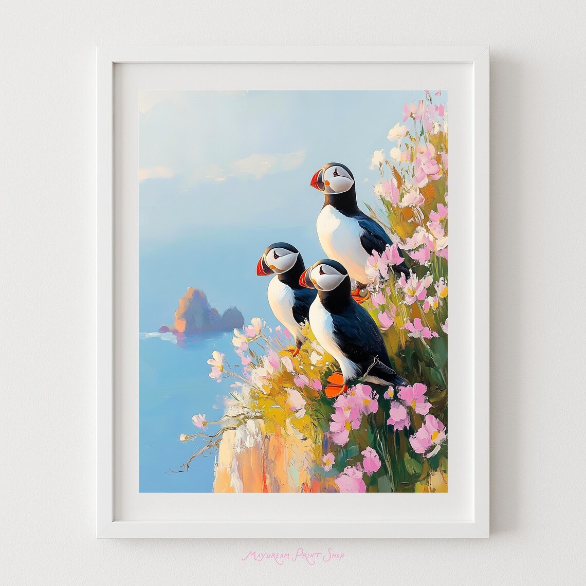 Puffins On Cliff Coastal Seabird Art Print