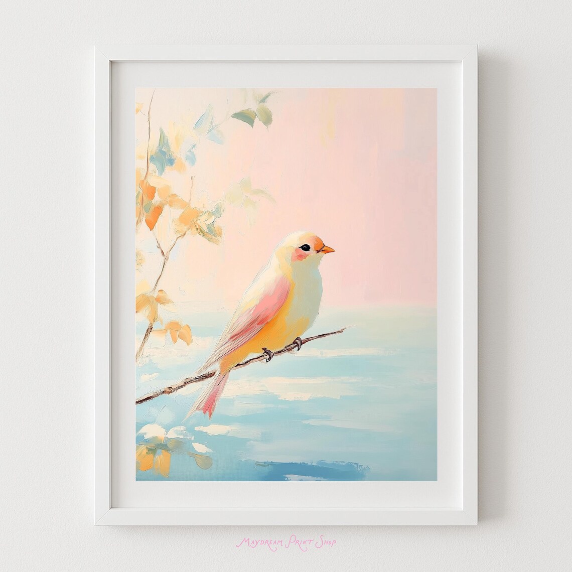 Pastel Yellow Songbird Perched Over Ocean Dreamy Watercolor Art Poster