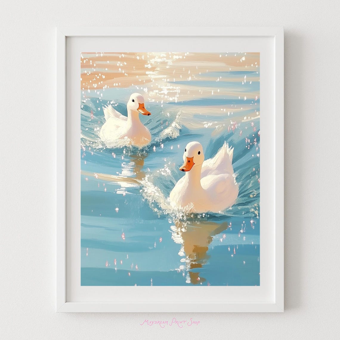 White Ducks Swimming Sparkling Blue Pond Pastel Sunset Wall Art