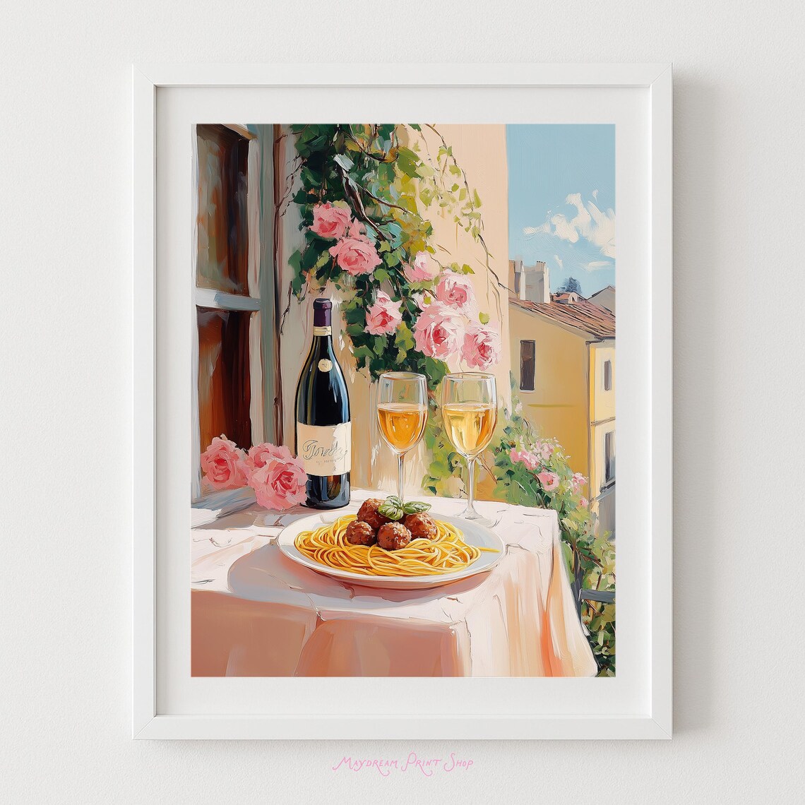 Italian Spaghetti Meatballs Wine Roses Balcony Food Art Poster