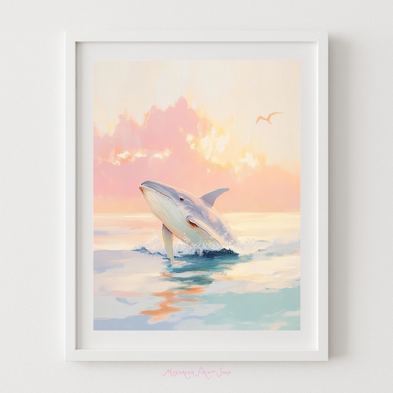 Whale Breaching Art Print Pastel Ocean Wall Sunrise Sea Animal Painting Dreamy Coastal Decor Nursery
