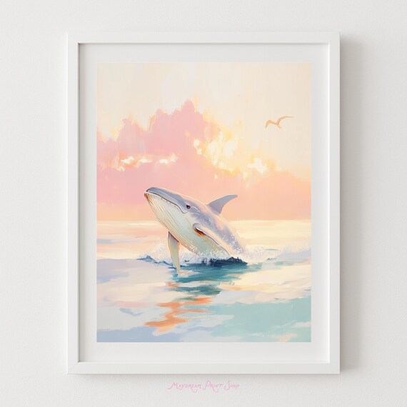 Whale Breaching Pastel Ocean Sunset Nursery Coastal Wall Art