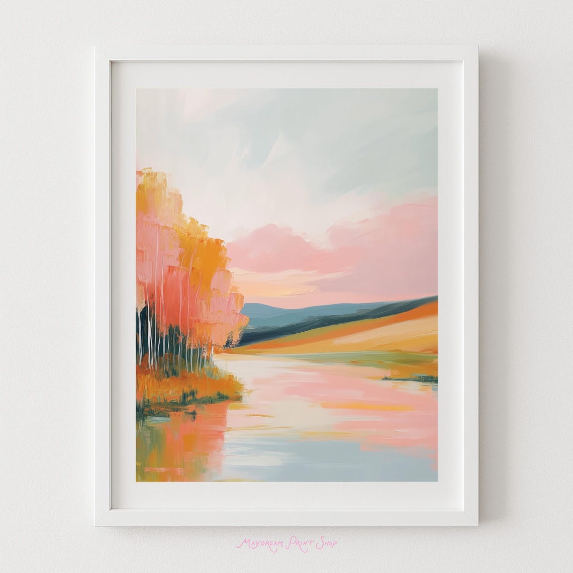 Fall Landscape Abstract Orange Trees Pink Sky Painting Art Poster