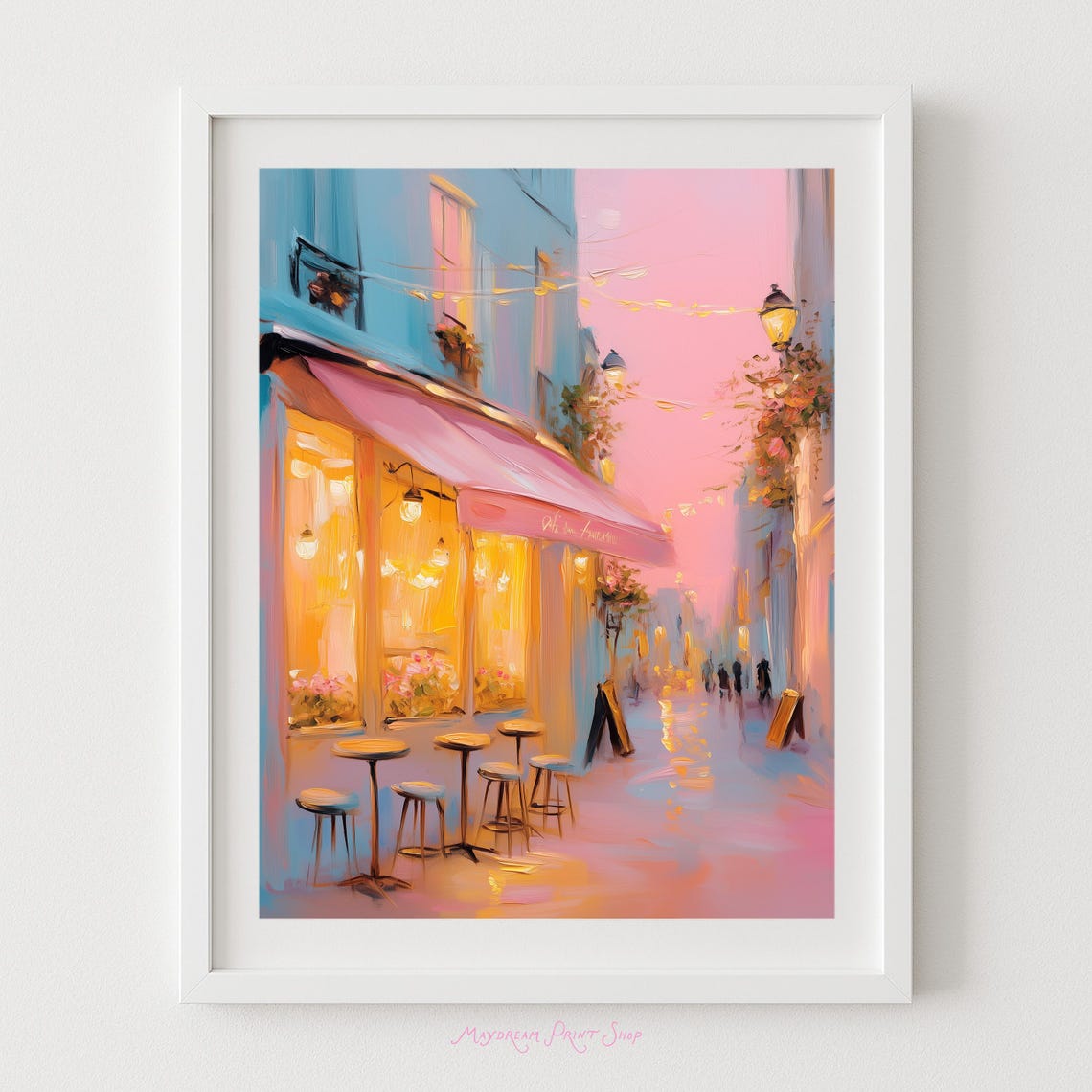 Pink Paris Cafe Night Street Lamp Glowing Romantic Painting Poster