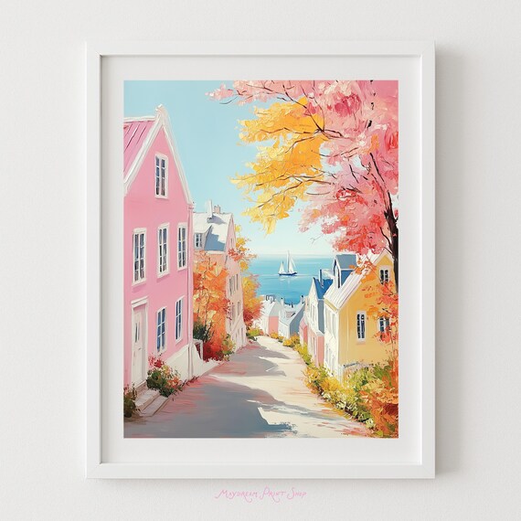 Coastal Autumn Street Painting with Pink Cottage and Sailboat Poster