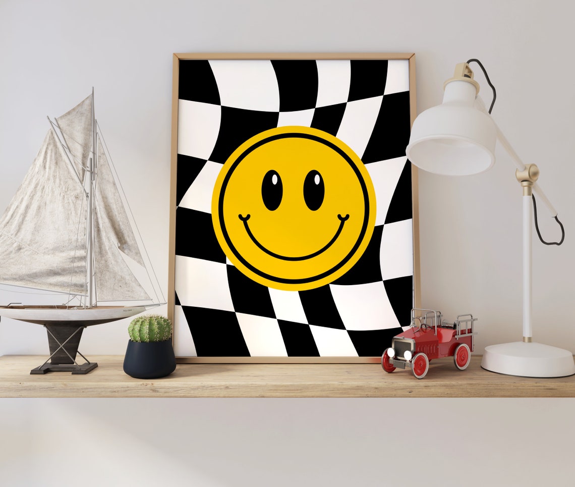 Smiley Face Checkered Groovy Retro Happy Pop Art Wall Poster - Image 2