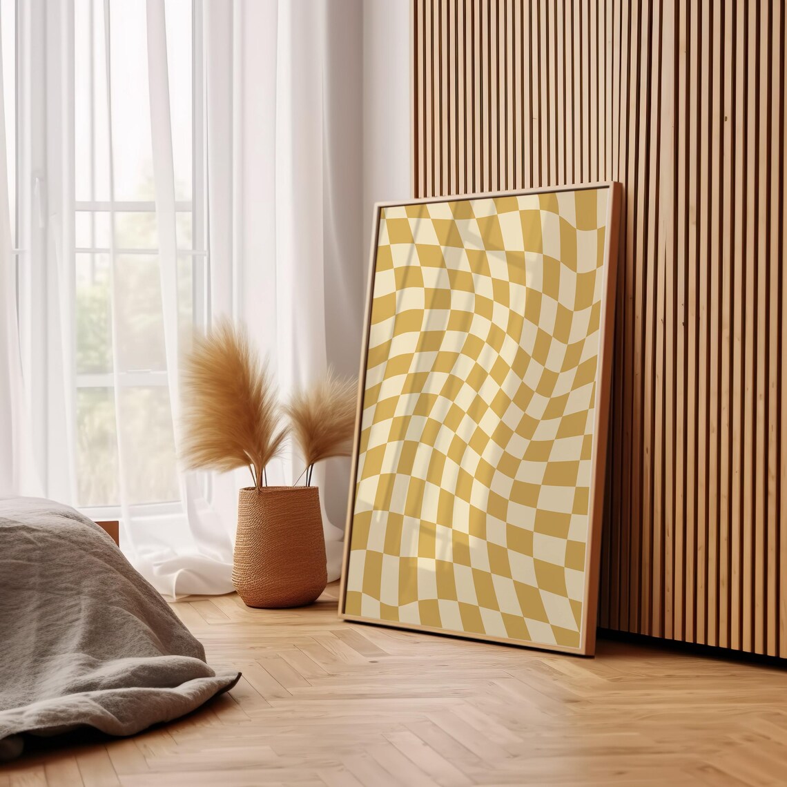 Wavy Yellow Cream Checkerboard Pattern Bold Retro Art Poster - Image 2