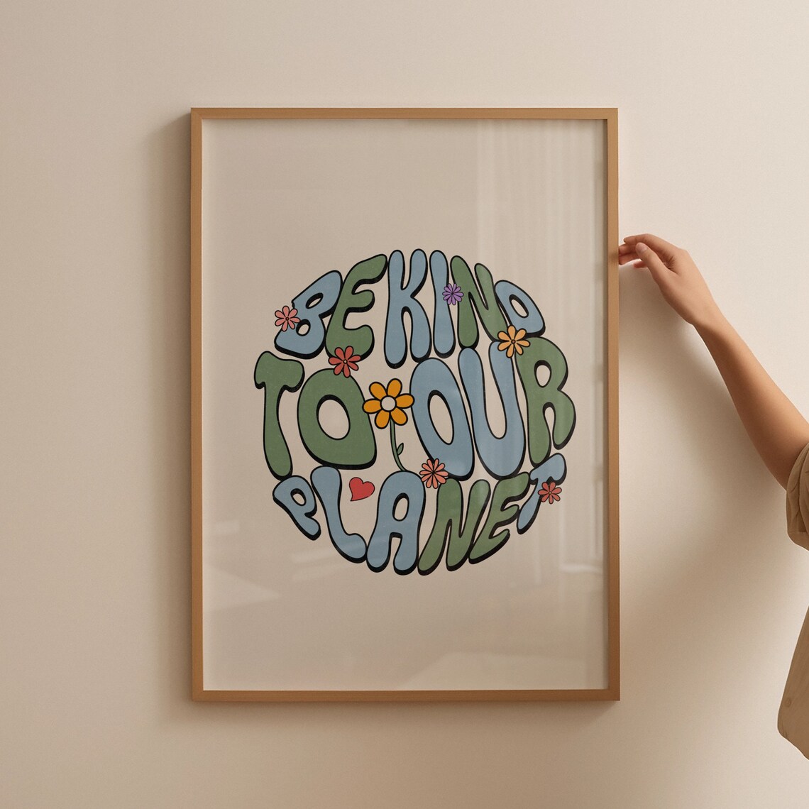 Be Kind To Our Planet Groovy Retro Earth Quote Floral Poster - Image 4