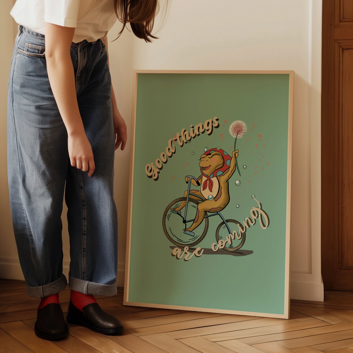 Retro Green Good Things Are Coming Cute Frog Bike Quote Poster - Image 3