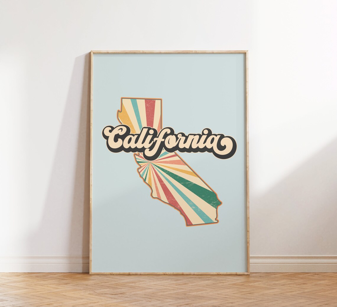 Retro California Map Print, Vintage Travel Poster