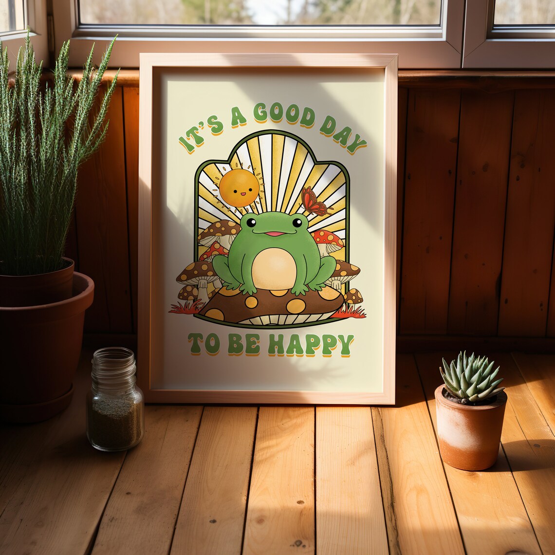 Its A Good Day To Be Happy Cute Frog Mushroom Groovy Quote Poster - Image 2