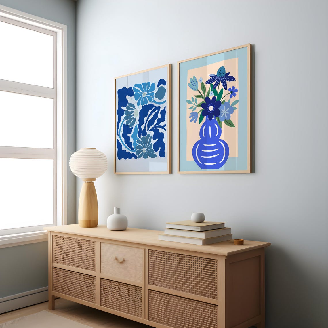 Blue Floral Abstract Botanical Two Piece Modern Wall Poster Set - Image 3