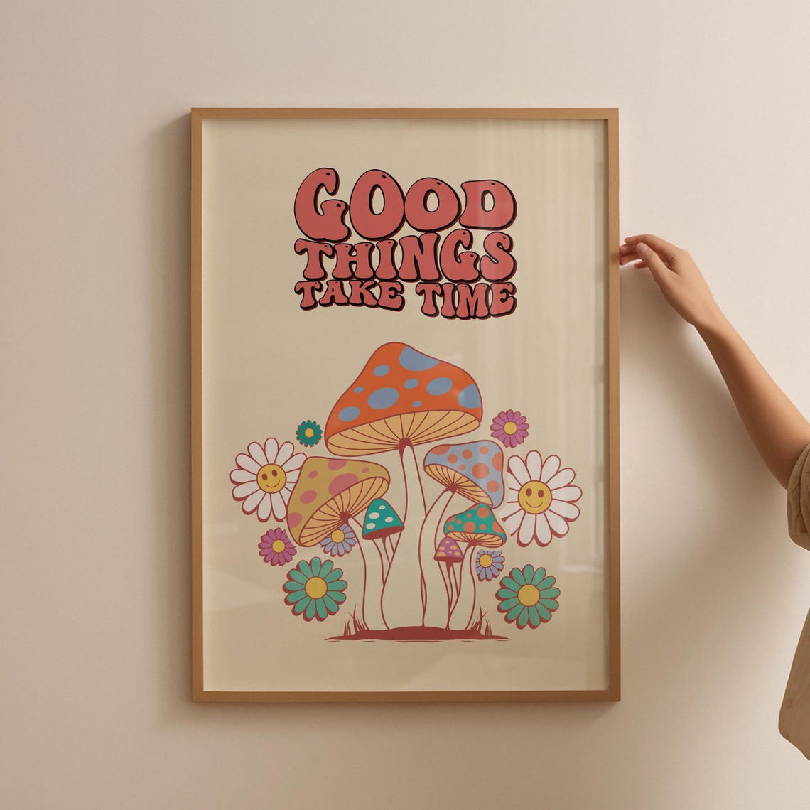 Good Things Take Time Retro Mushroom Daisy Groovy Quote Poster - Image 4