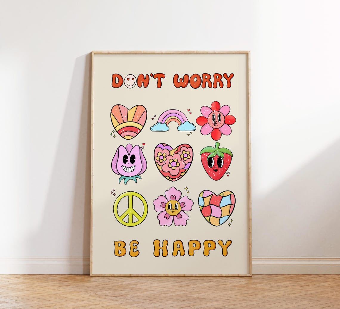 Dont Worry Be Happy Retro Cartoon Doodle Characters Wall Poster