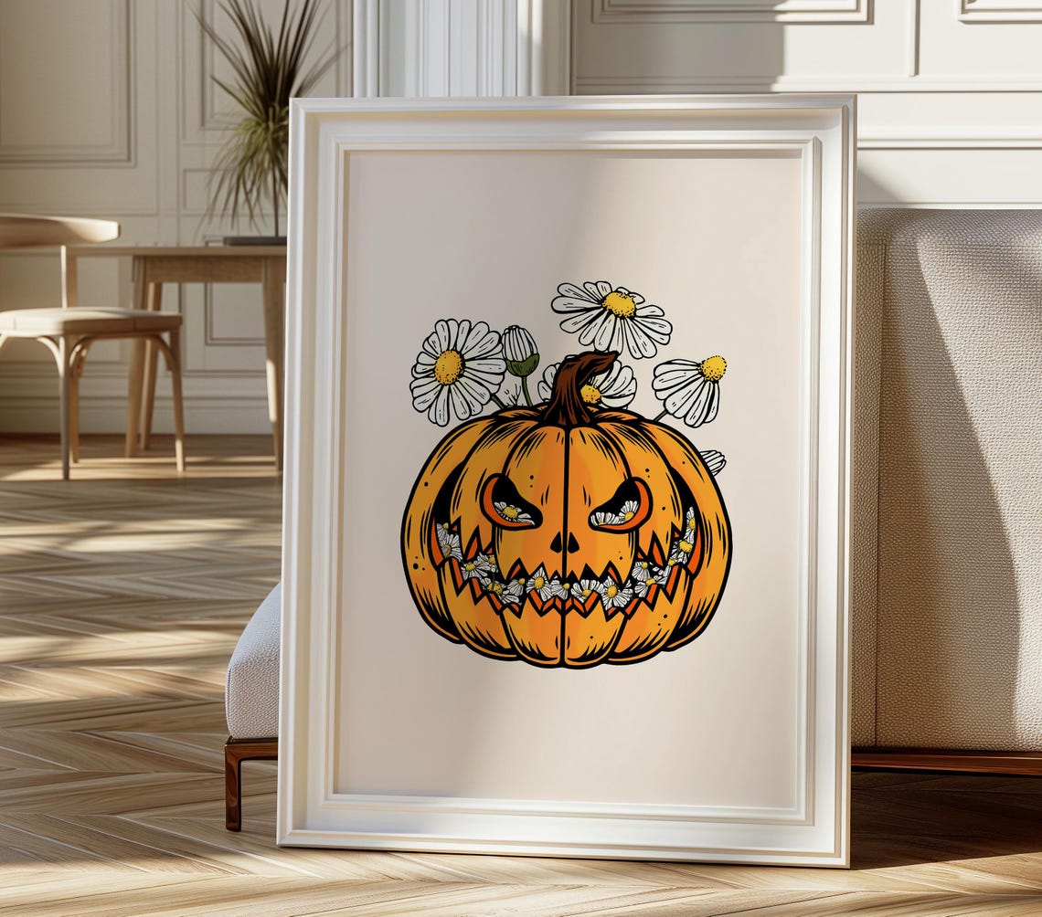 Vintage Jack O Lantern Daisy Pumpkin Fall Retro Halloween Art Poster - Image 4