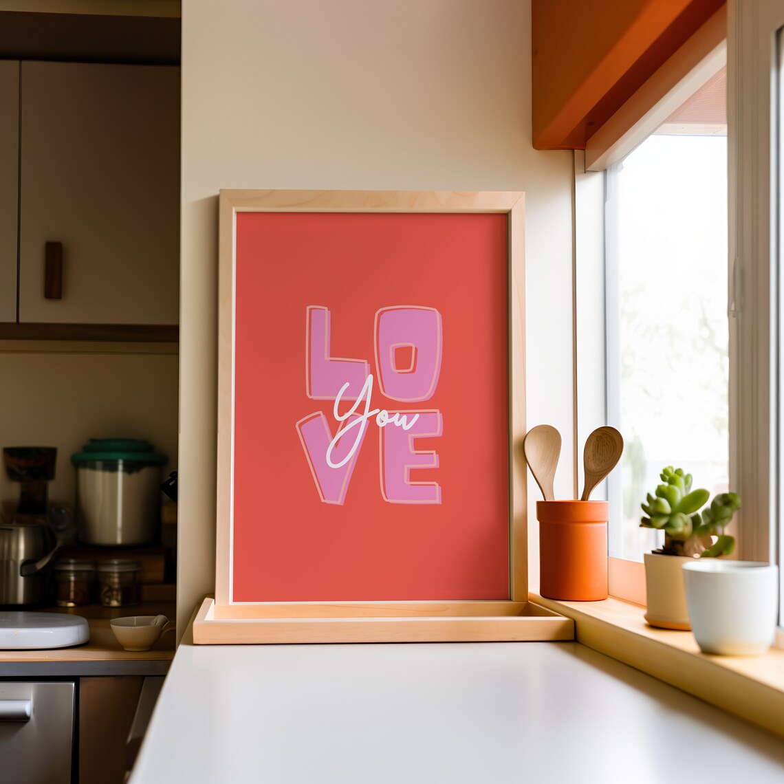 Love You Bold Pink Block Letters Red Minimal Quote Art Poster - Image 3