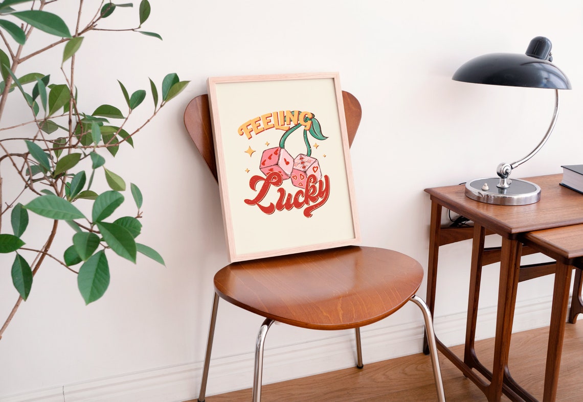 Feeling Lucky Fun Retro Bold Cherry Dice Typography Wall Art - Image 2