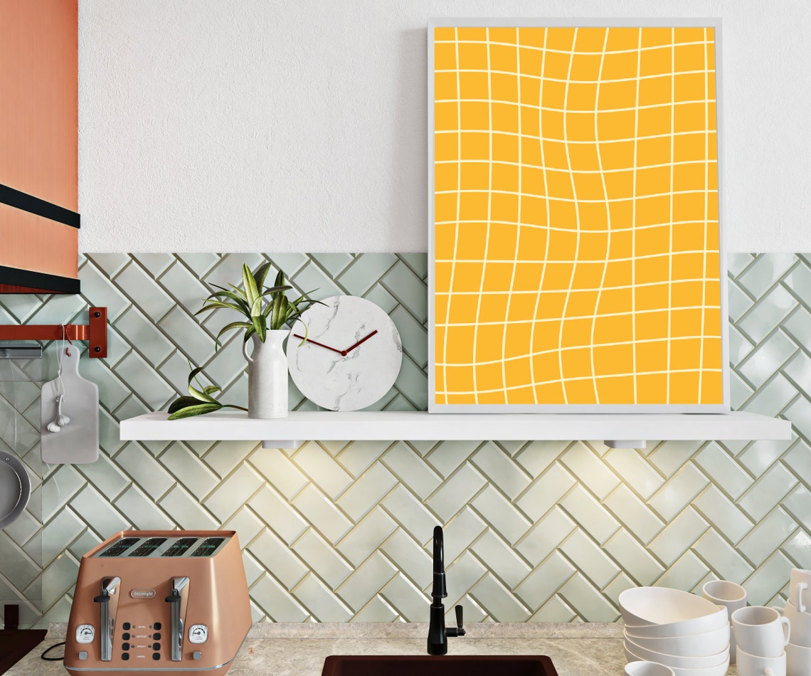 Wavy Yellow Grid Lines Bold Retro Psychedelic Abstract Art Print - Image 2