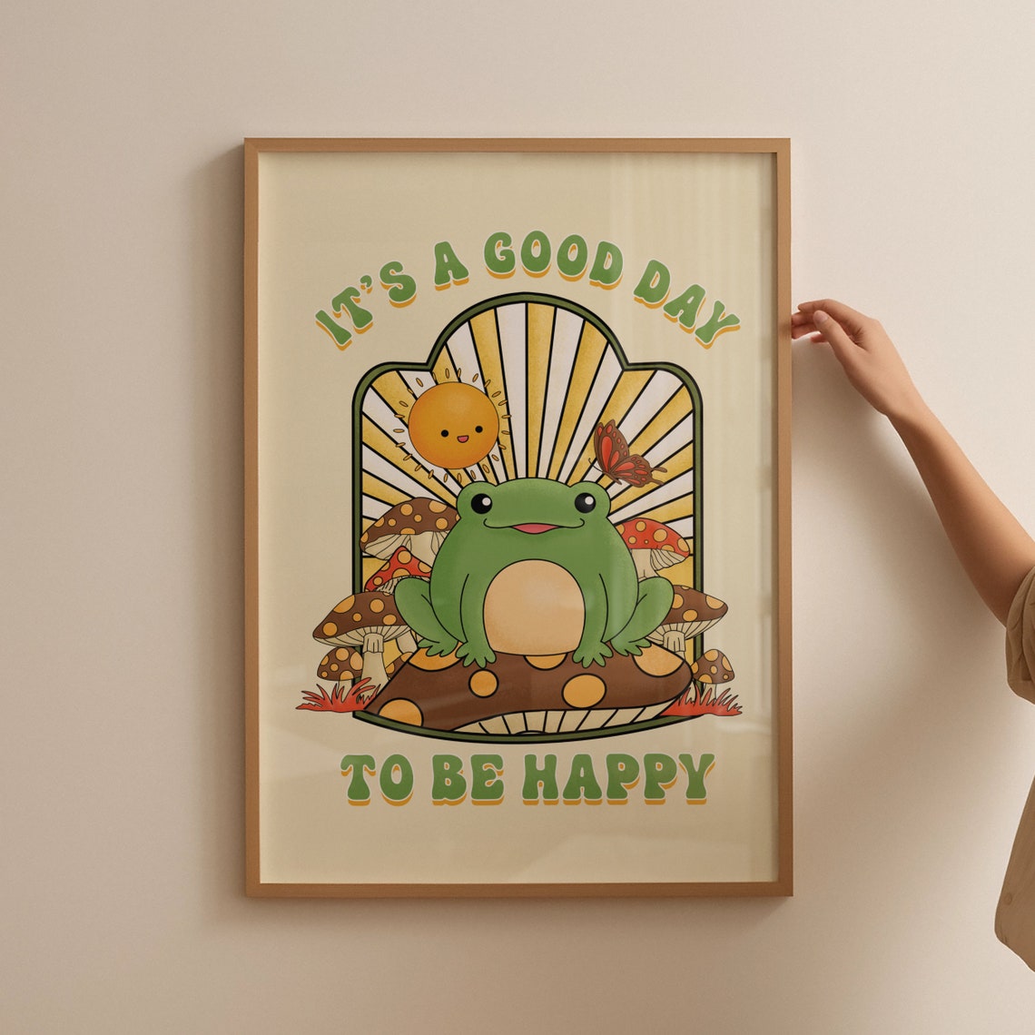 Its A Good Day To Be Happy Cute Frog Mushroom Groovy Quote Poster - Image 4