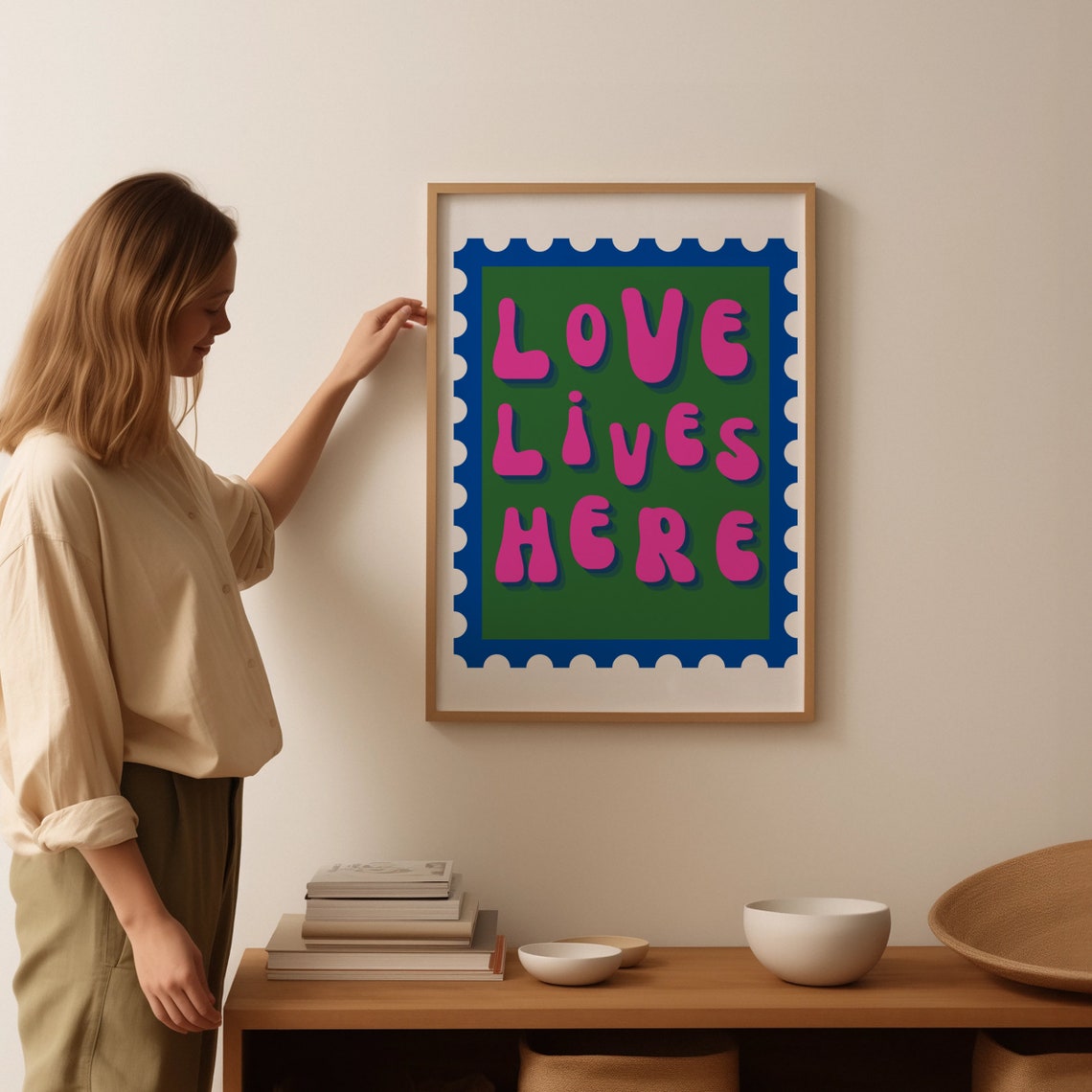 Love Lives Here Pop Art Stamp Typography Bold Pink Green Quote Poster - Image 2