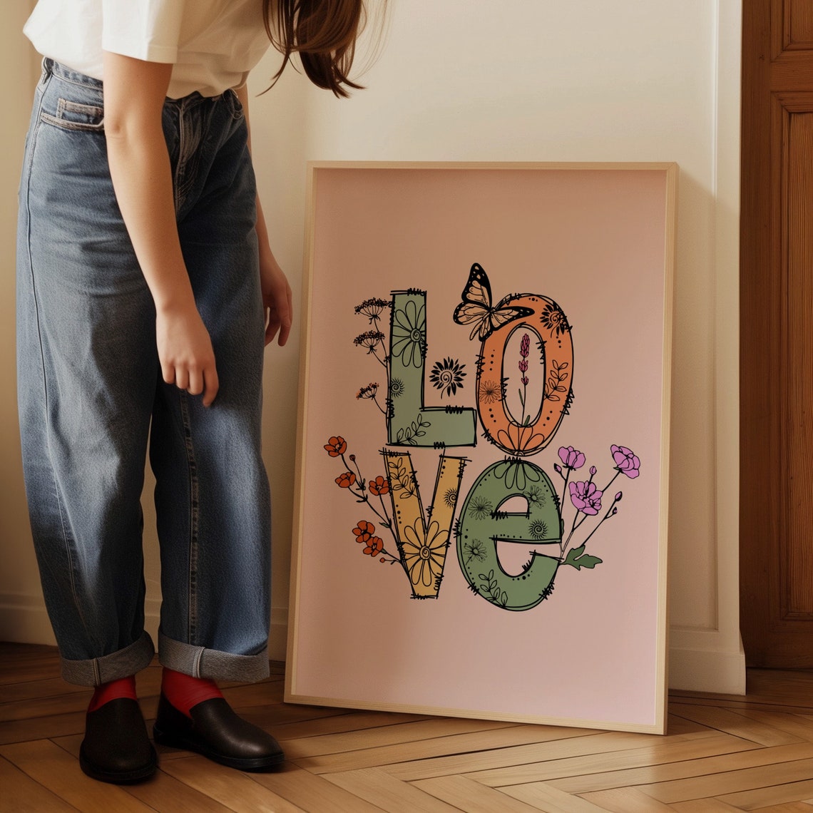 Love Floral Doodle Typography Butterfly Pink Cute Boho Art Print - Image 4