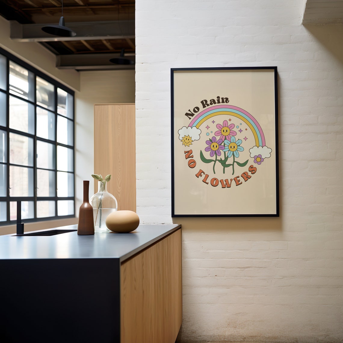 No Rain No Flowers Retro Rainbow Smiling Daisy Garden Poster - Image 3