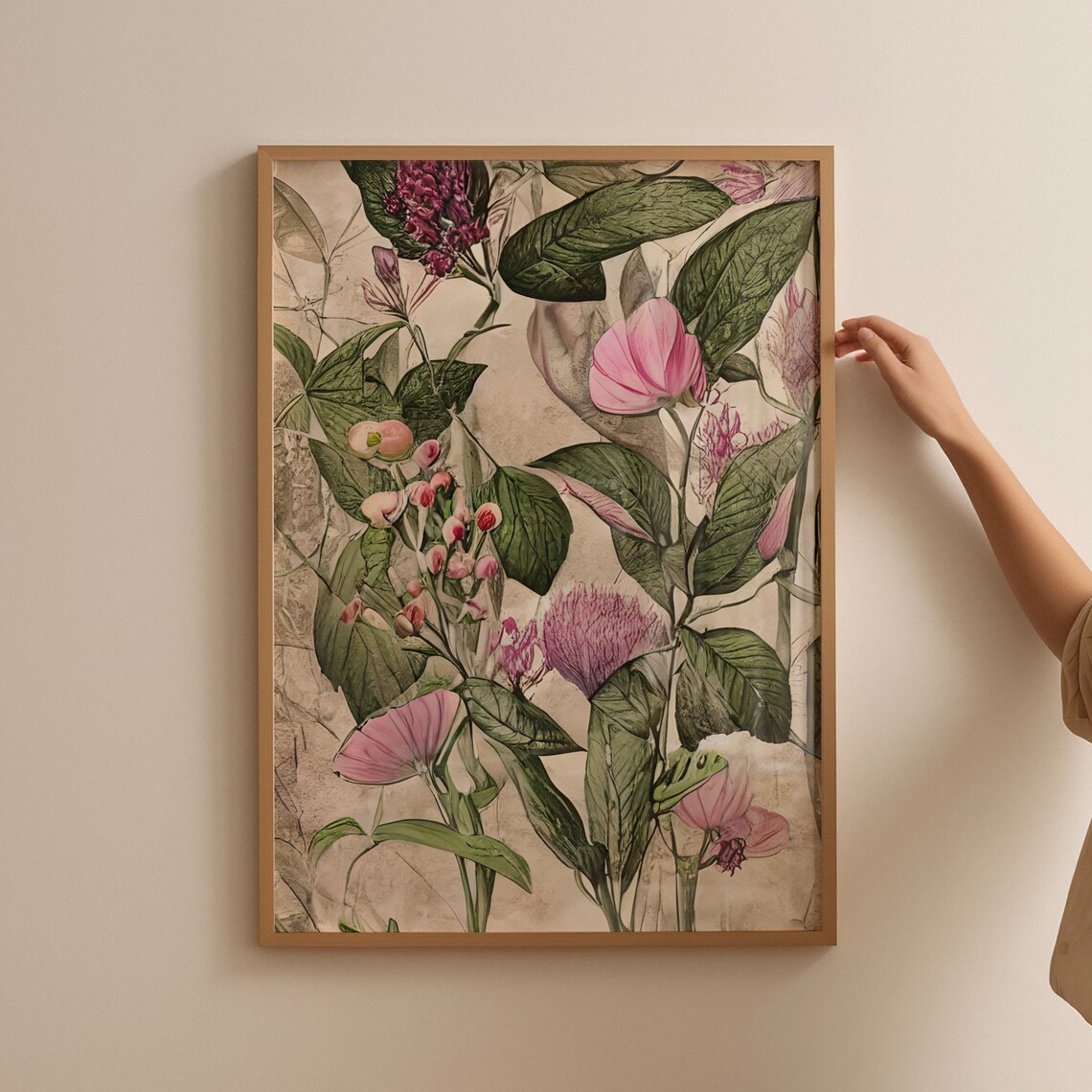 Vintage Botanical Pink Blossom Green Leaves Nature Art Poster