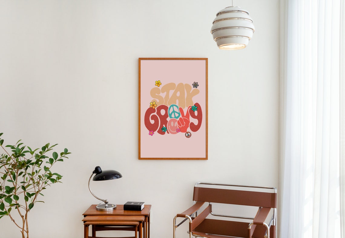 Stay Groovy Bold 70s Peace Sign Smiley Retro Hippie Quote Poster - Image 2