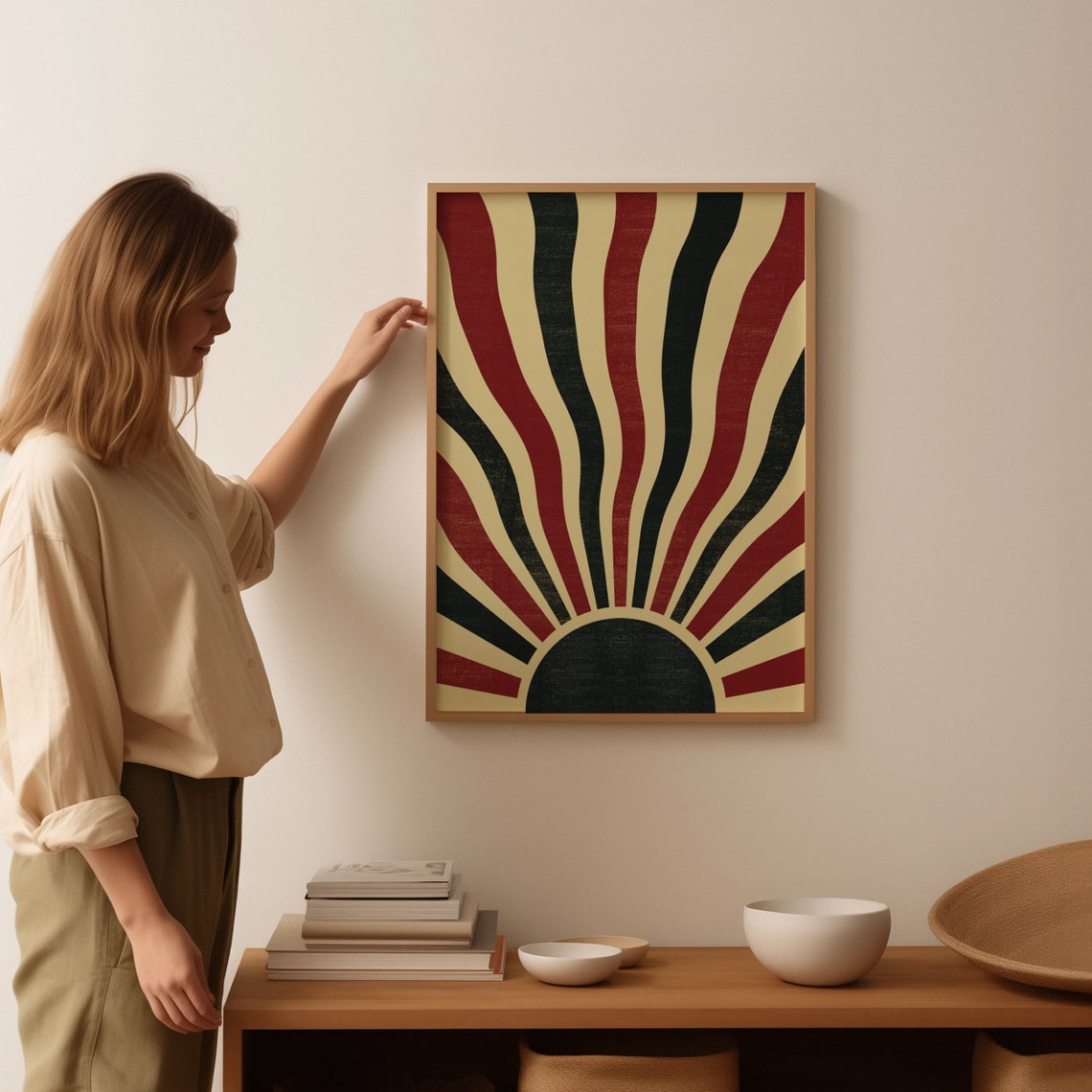 Bold Geometric Sunrise Retro Boho Wavy Rays Black Red Sun Art Poster - Image 4