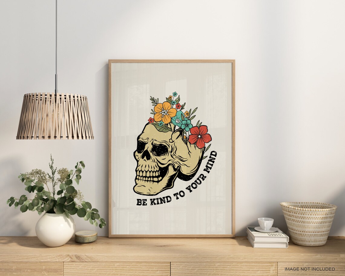 Retro Floral Skull Gothic Halloween Art Print - Image 2