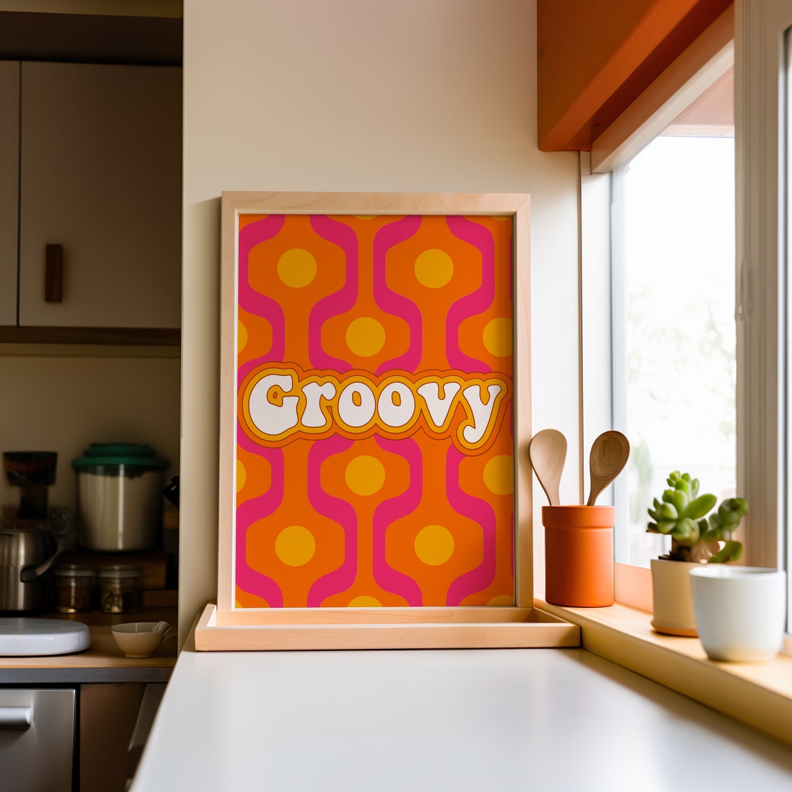 Groovy Bold 70s Retro Wavy Pattern Orange Pink Typography Poster - Image 3