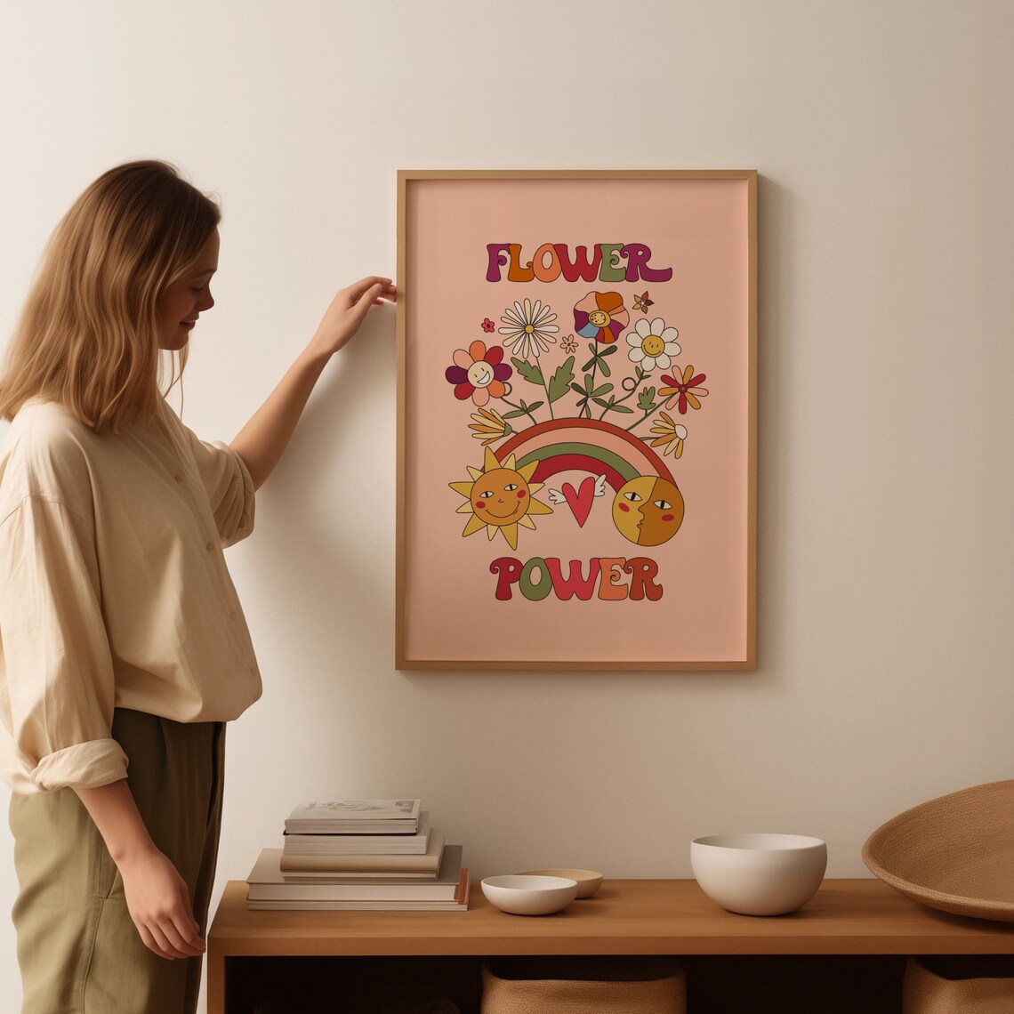 Flower Power Retro Hippie Groovy Smiling Daisy Sun Moon Art Poster - Image 3