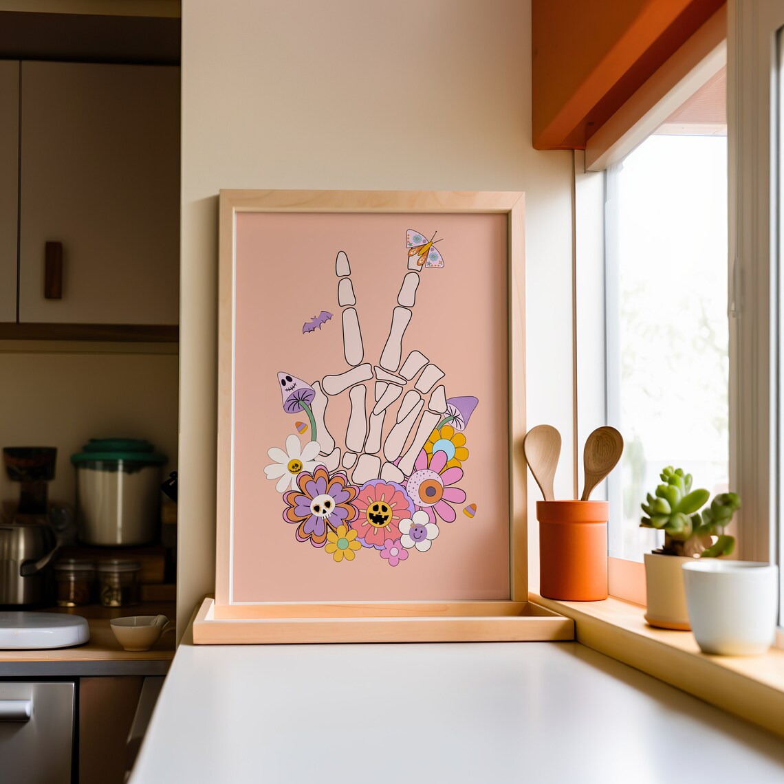 Retro Skeleton Peace Sign Hand Halloween Flowers Graphic Poster - Image 3