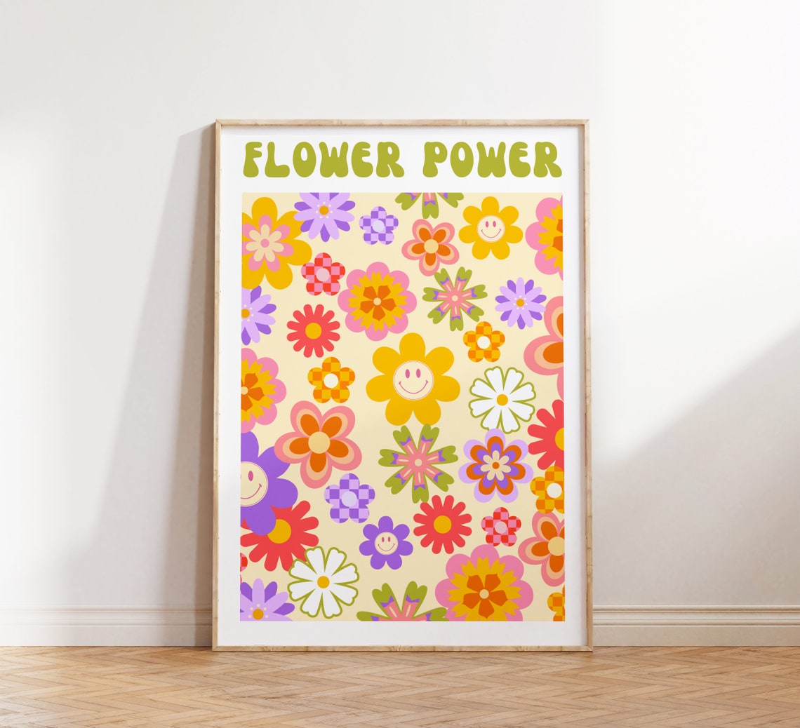 Flower Power Retro Smiley Daisy All Over Pattern Wall Poster - Image 3