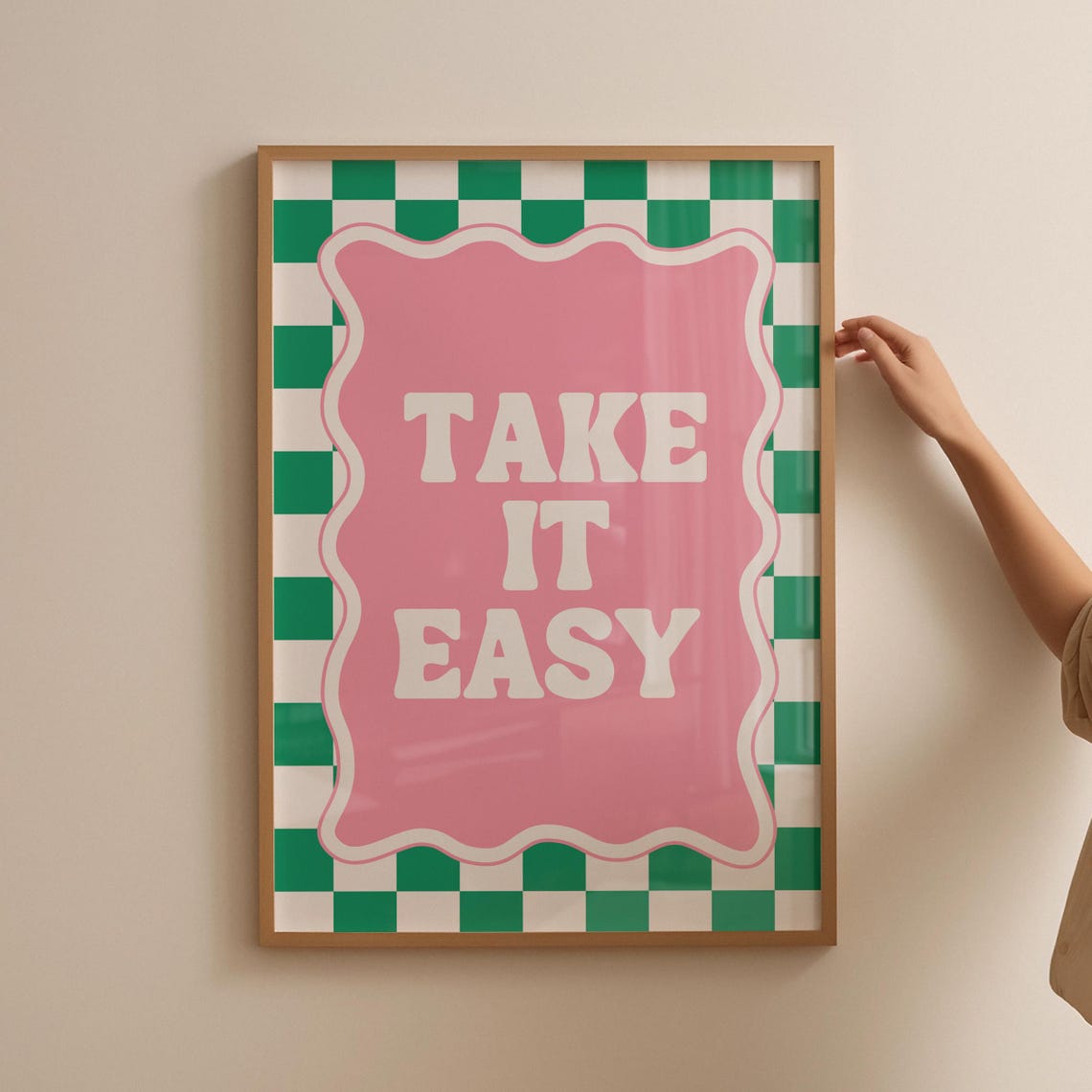 Take It Easy Retro Pink Groovy Checkerboard Quote Art Poster - Image 4
