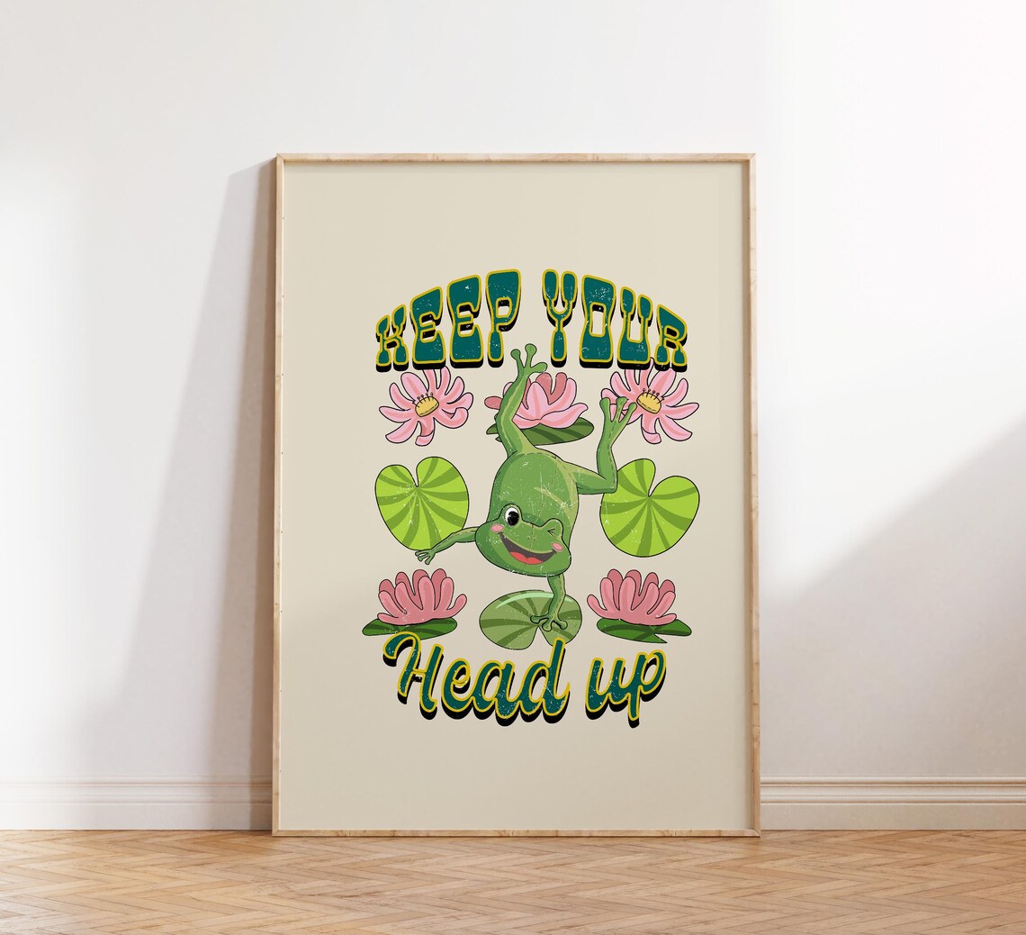Keep Your Head Up Happy Frog Lily Pad Lotus Retro Quote Poster - Image 4