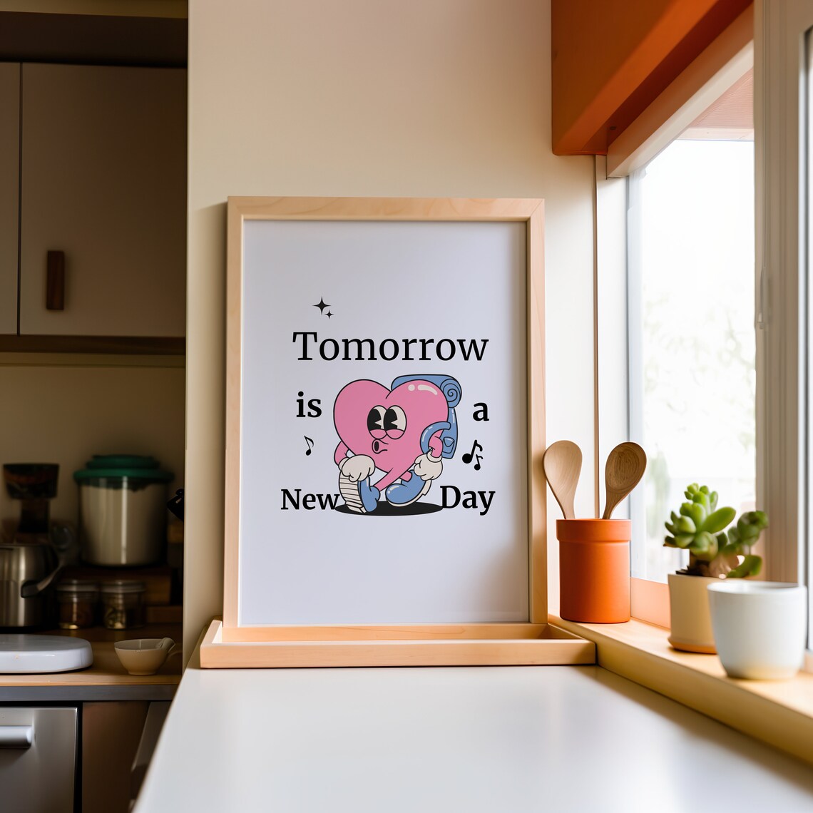 Tomorrow Is A New Day Cute Pink Walking Heart Retro Quote Poster - Image 3