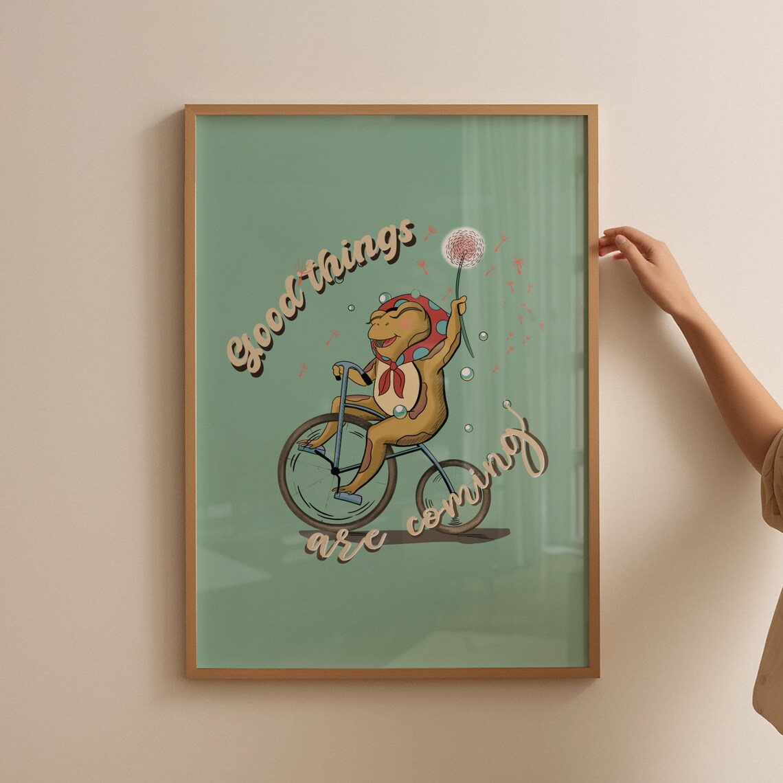 Retro Green Good Things Are Coming Cute Frog Bike Quote Poster - Image 4