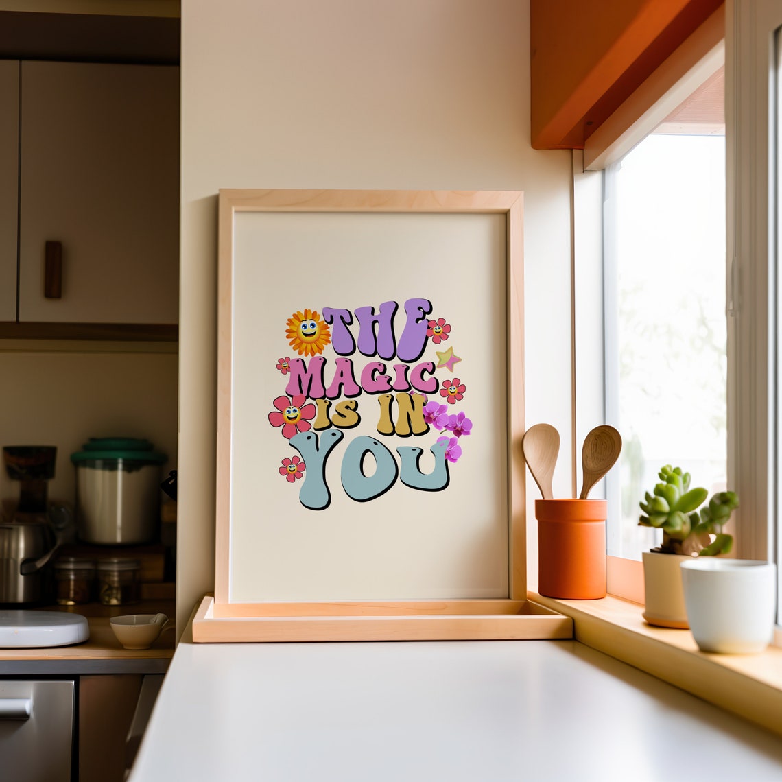 The Magic Is In You Groovy Retro Kids Sun Flower Quote Poster - Image 3