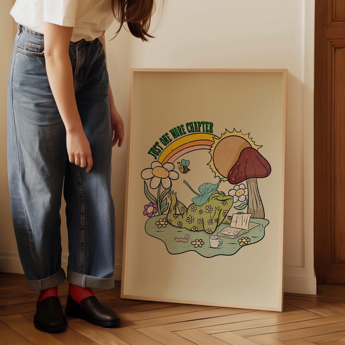 Just One More Chapter Frog Reading Book Rainbow Retro Funny Poster - Image 2