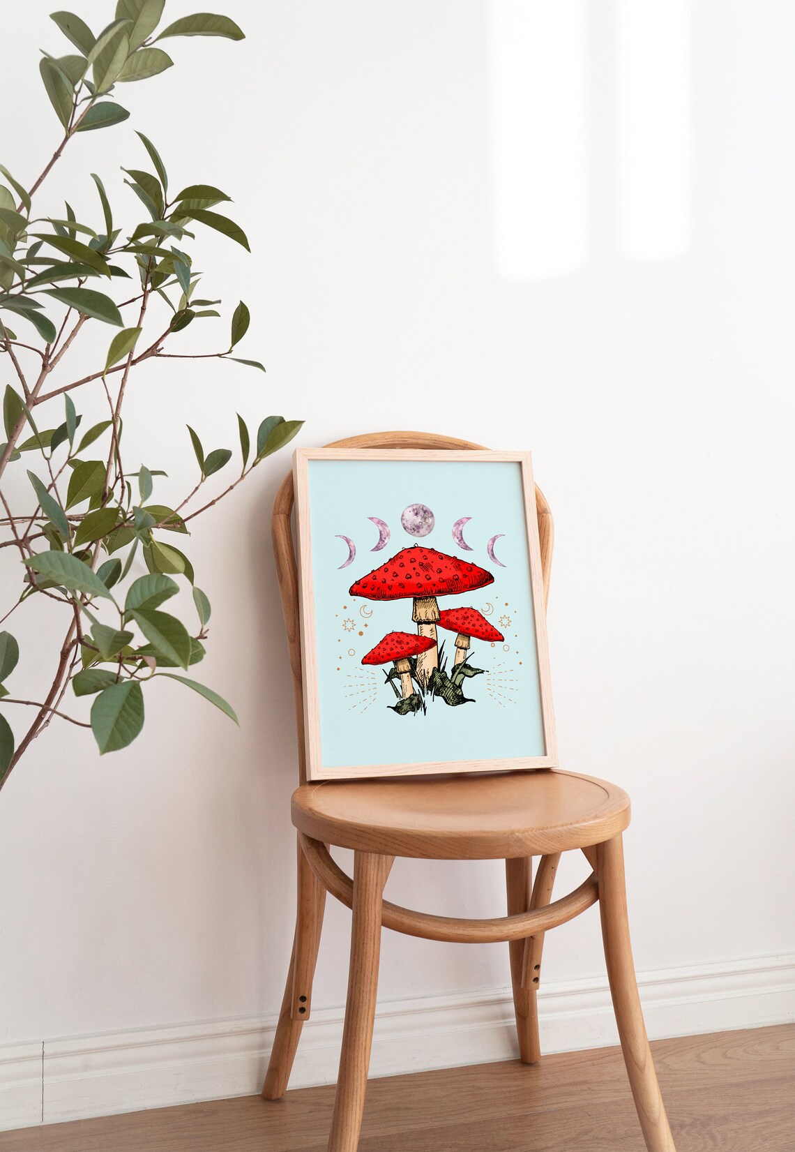Celestial Red Mushroom Moon Phase Stars Vintage Botanical Poster - Image 2