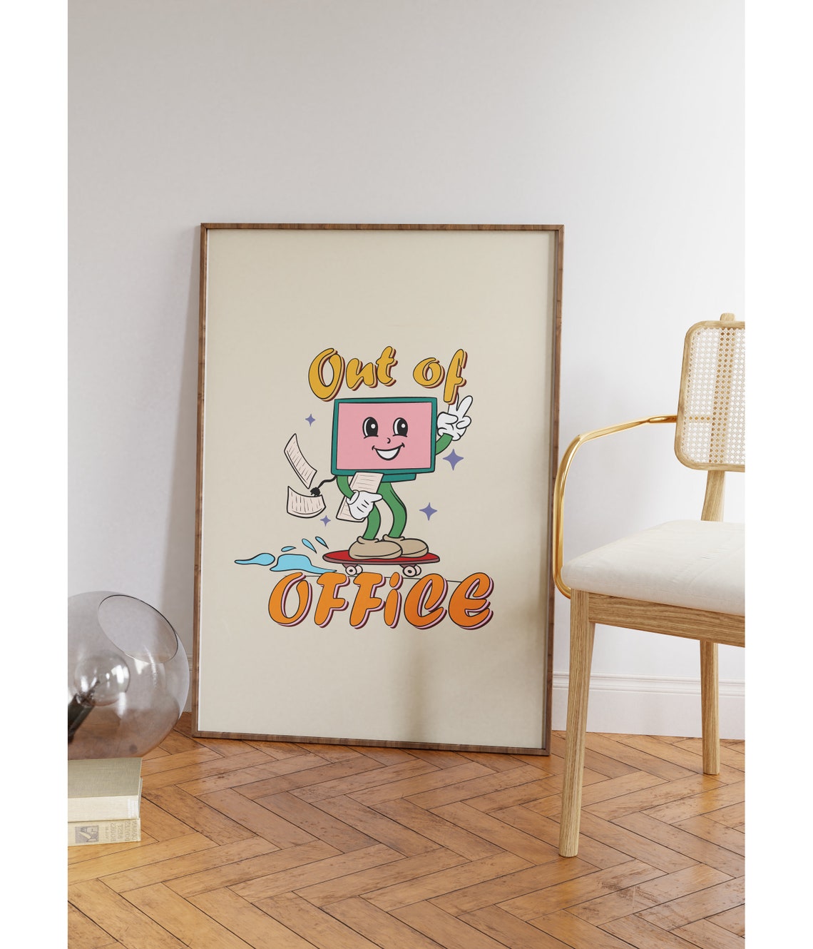 Out of Office Funny Retro Computer Character Skateboard Poster - Image 3
