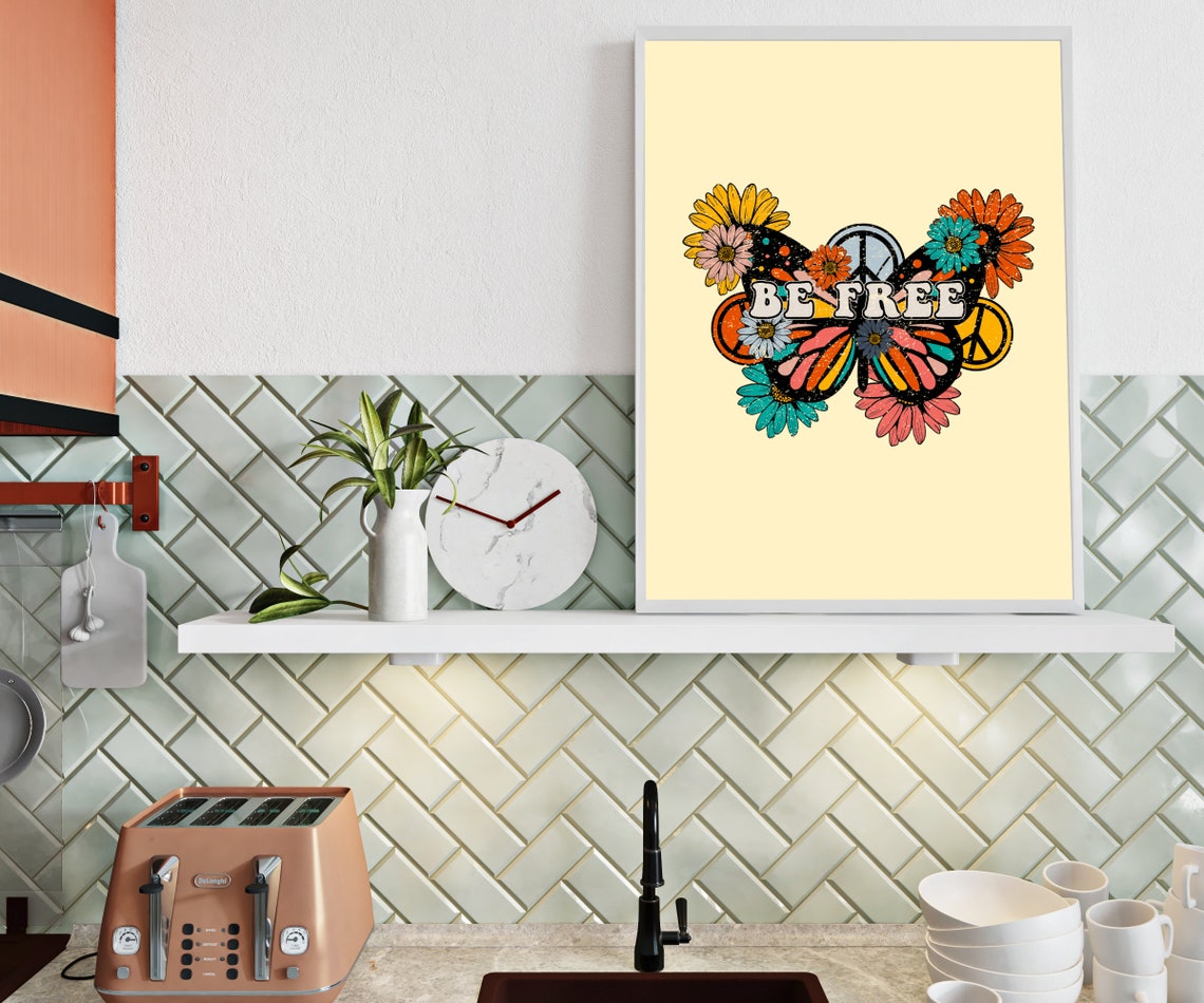 Be Free Butterfly Peace Sign Floral Vintage Hippie Groovy Poster - Image 2
