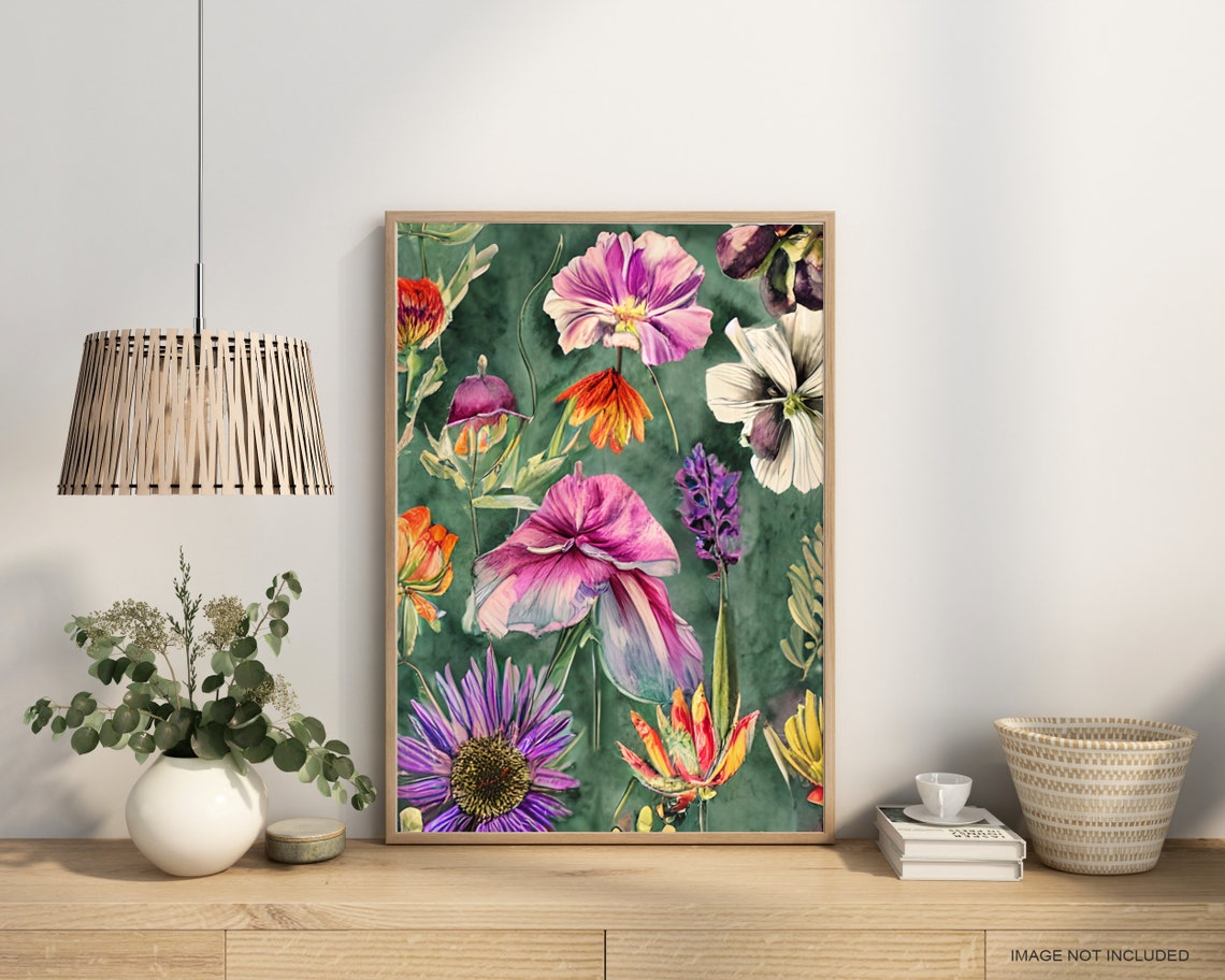Painterly Floral Bouquet Poster Moody Dark Green Botanical Art Decor - Image 3