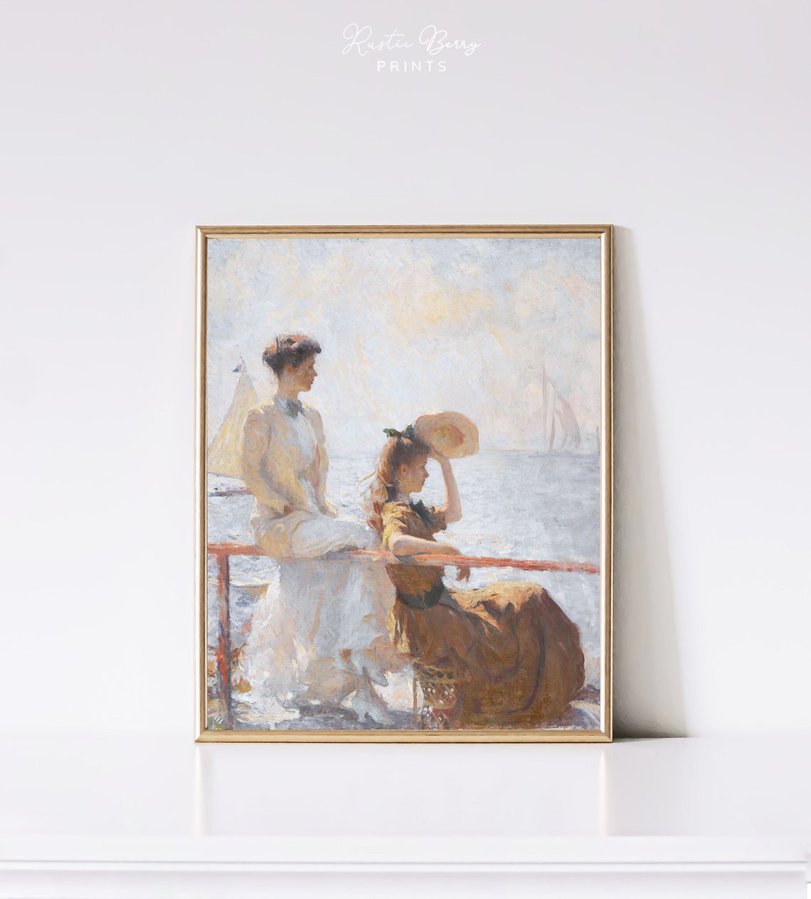 Two Women Summer Day Sailing Boat Impressionist Seascape Art Print