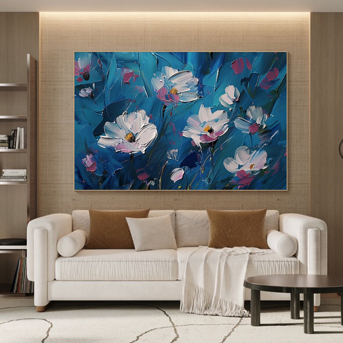 White Wildflowers On Deep Teal Blue Impasto Floral Canvas Poster - Image 2