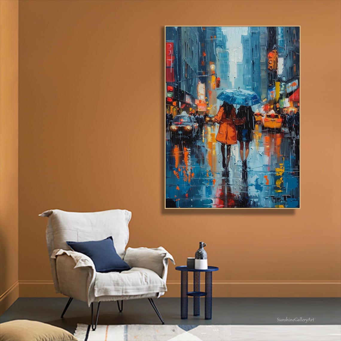 Romantic Rainy City Street Couple Sharing Blue Umbrella Poster - Image 3
