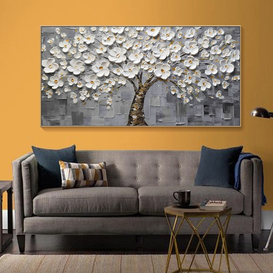 White Blossom Tree On Gray Textured Background Floral Art Poster - Image 2