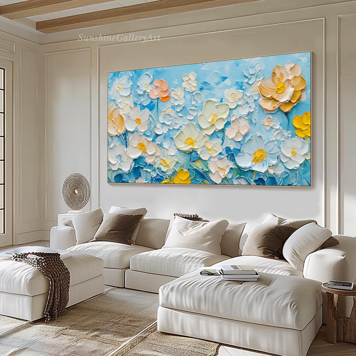 Impasto Blooms In White Yellow Orange On Bright Blue Art Poster - Image 2
